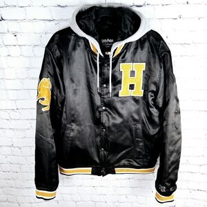 HARRY POTTER | Hufflepuff satin quilted lining hooded bomber varsity jacket